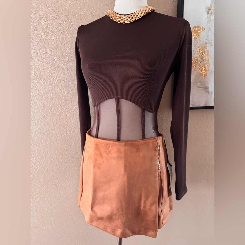 Brown Faux Suede Mini Skort - Picture 9 of 10